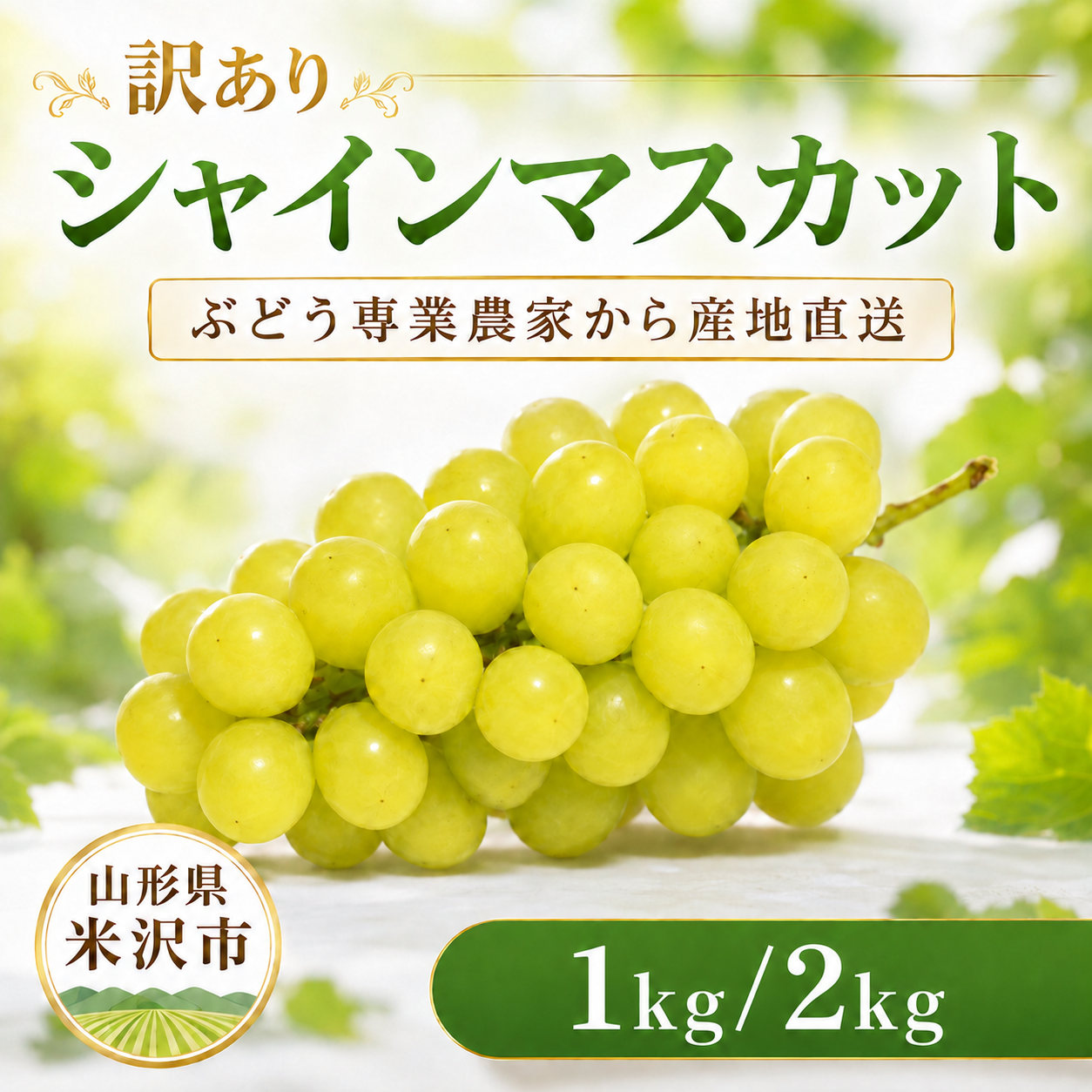 令和8年産 訳あり シャインマスカット 選べる 内容量 1kg 2kg 訳アリ わけあり マスカット ぶどう 葡萄 白ぶどう 白系 山形県産 2026年産 山形県 米沢市